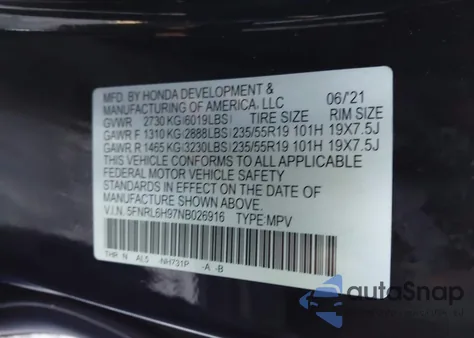 2022 Honda Odyssey Elite из США, поврежденный, VIN 5FNRL6H97NB026916